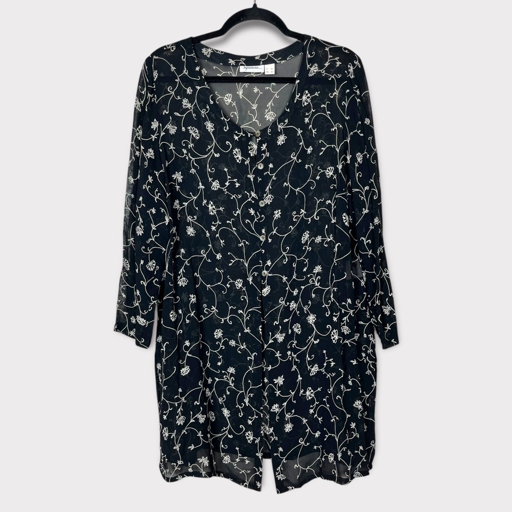 Dark Floral Sheer Button‎ Up Tunic Top Large Loose Fit Grunge Fairy Whimsigoth